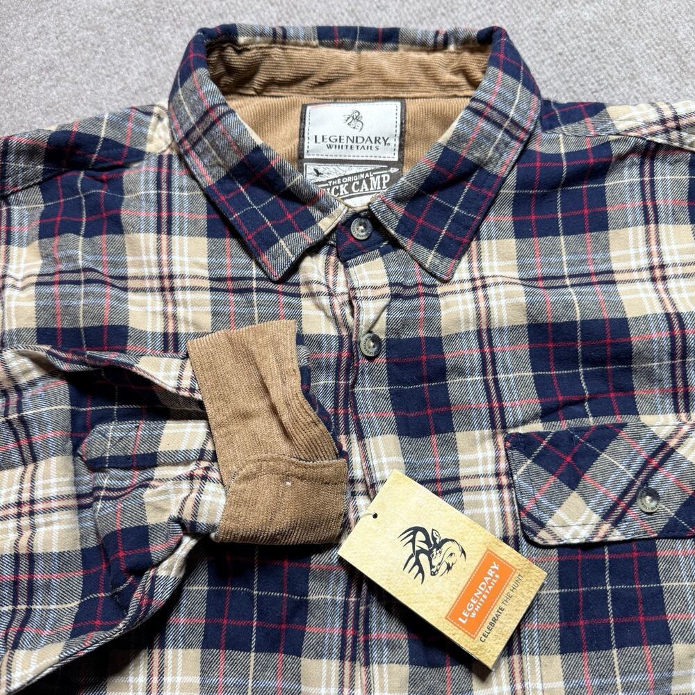 NWT Legendary Whitetails Mens XLT Buck Camp Flannel Shirt Navy Tan Plaid 6464 - Picture 2 of 16
